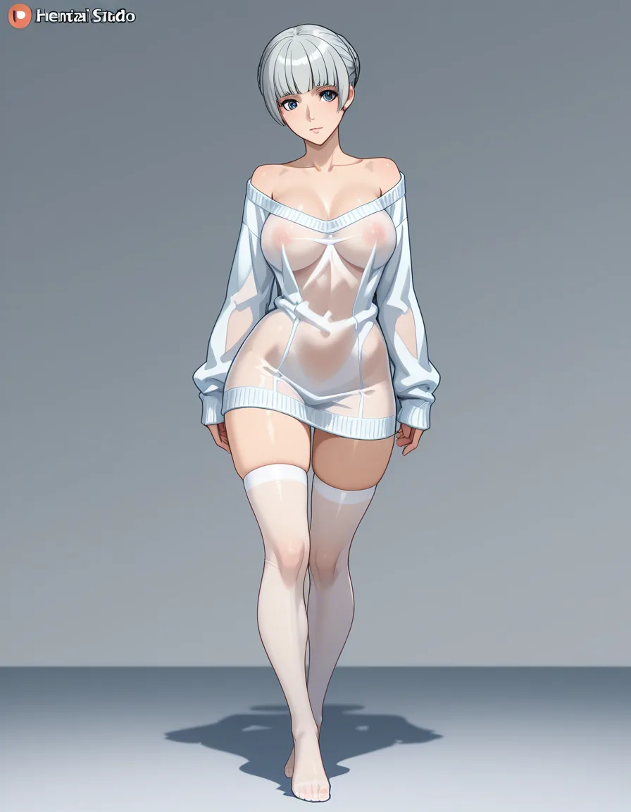 alice elliot from shadow hearts in a miniskirt with no_panties and no_bra in a nearly see through sweater in her white thighhighs and her feet showing, hentai_studio_quality