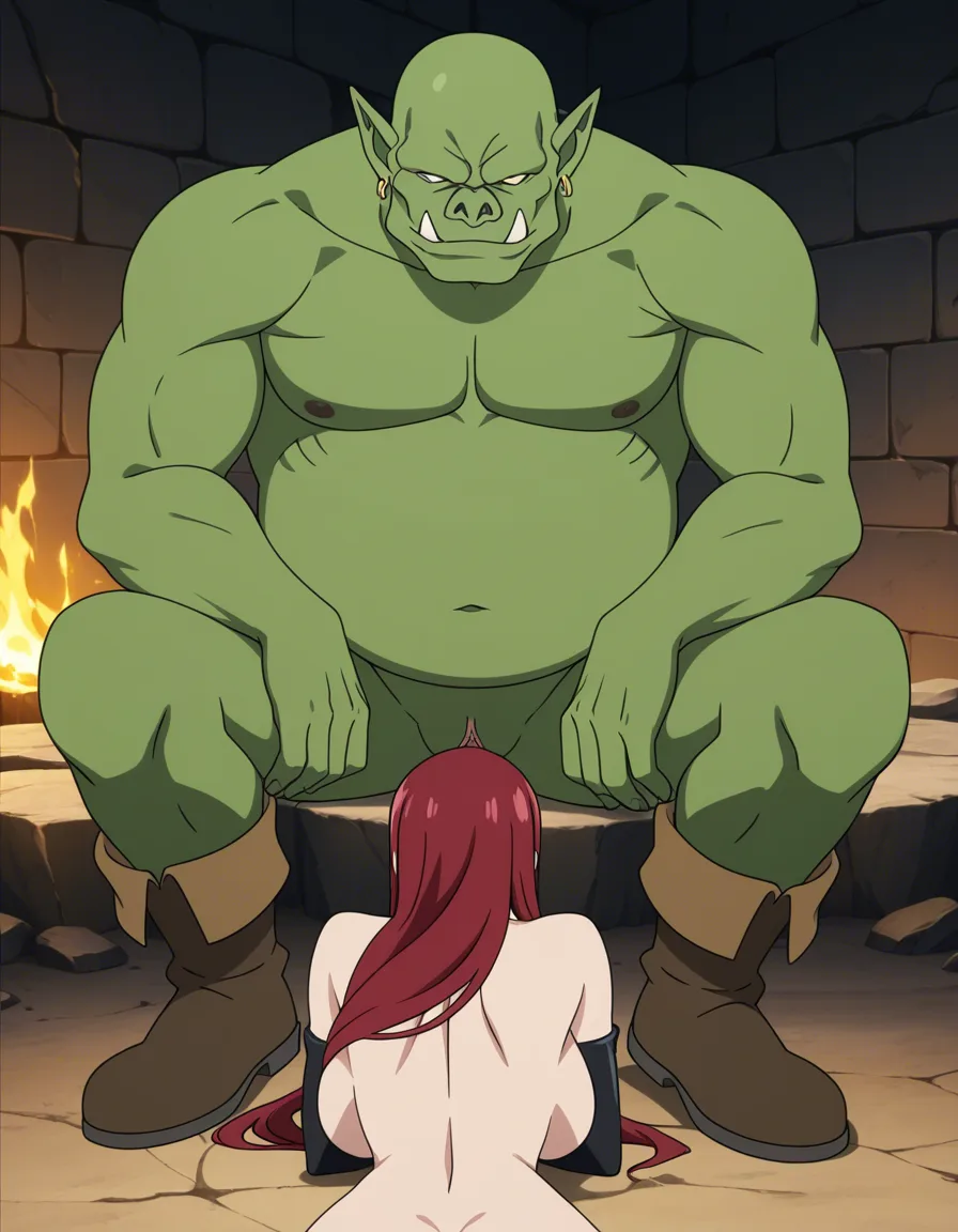 erza scarlet only in her boots getting pussy licked by a orc., (anime style:1.3), 2d, anime screencap, cel shading, flat color