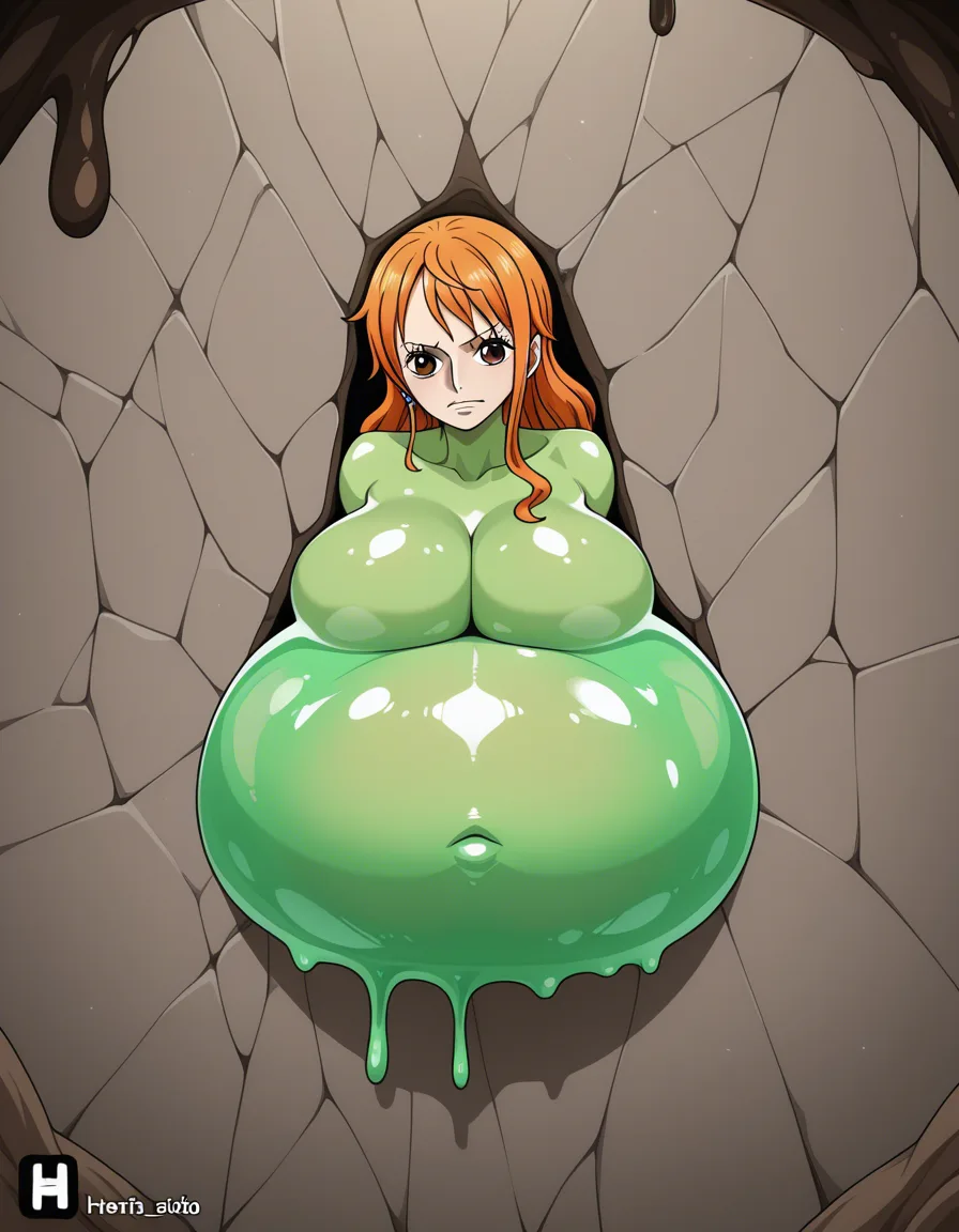 masterpiece, fine detail, best quality, very aesthetic, nami from one piece, large_breasts, naked,  covered in green slime, stuck inside of giant slime, stomach inflation, absorbed by slime, double_penetration, hentai_studio_quality, hentai_studio_quality, hentai_studio_quality, hentai_studio_quality, hentai_studio_quality, hentai_studio_quality, hentai_studio_quality