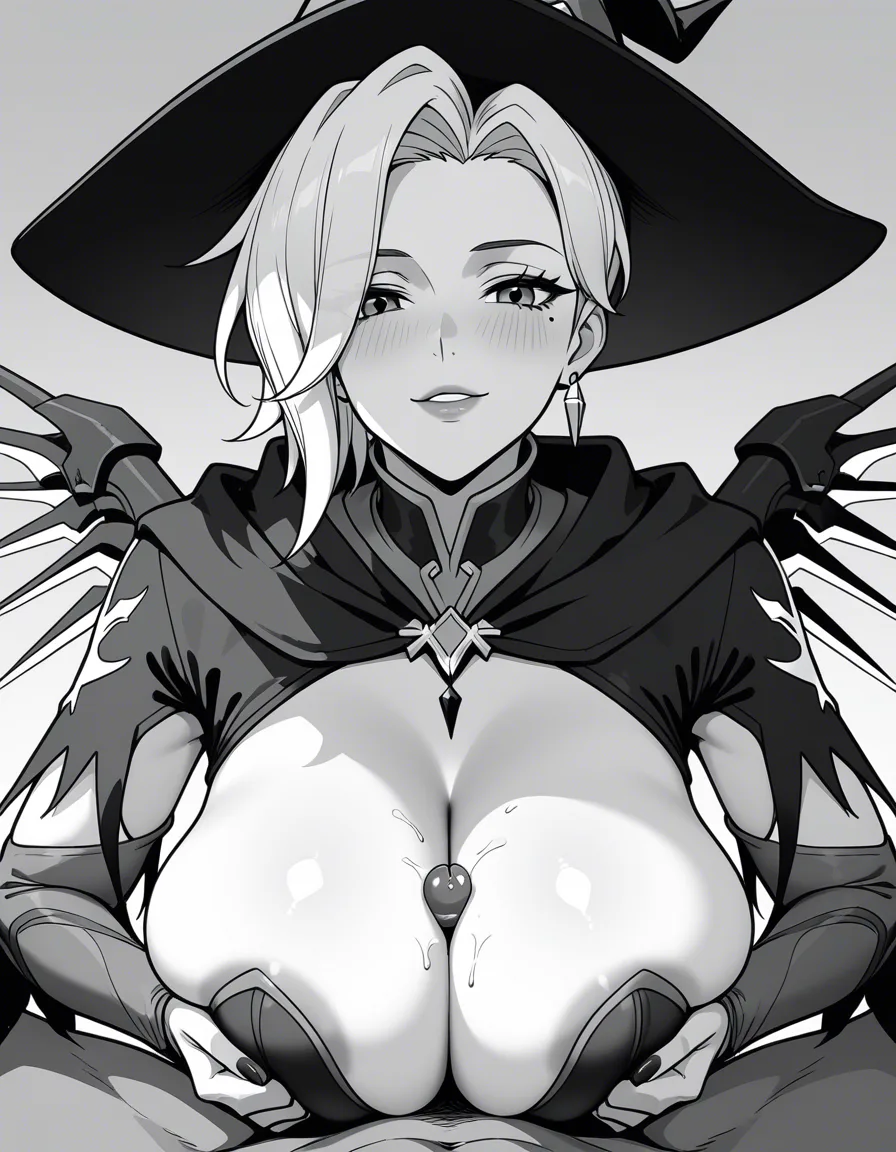 Sexy busty witch mercy from overwatch mole on tits, giving tit job, hentai_studio_quality