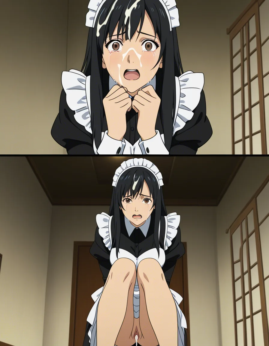 best quality, hyperrealistic, realistic, black_hair, brown_eyes, maid, crying, standing, scared, (anime style:1.3), 2d, anime screencap, cel shading, flat color, cum_in_pussy, cumdrip, cum_on_hair, facial, cum_on_clothes, hentai_studio_quality