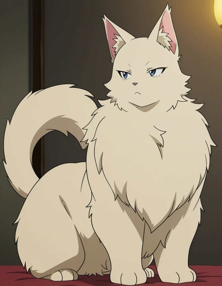 cat taur furry_female futanari fluffy completely_nude furry body_fur warm_lighting cozy paws on_side, (anime style:1.3), 2d, anime screencap, cel shading, flat color