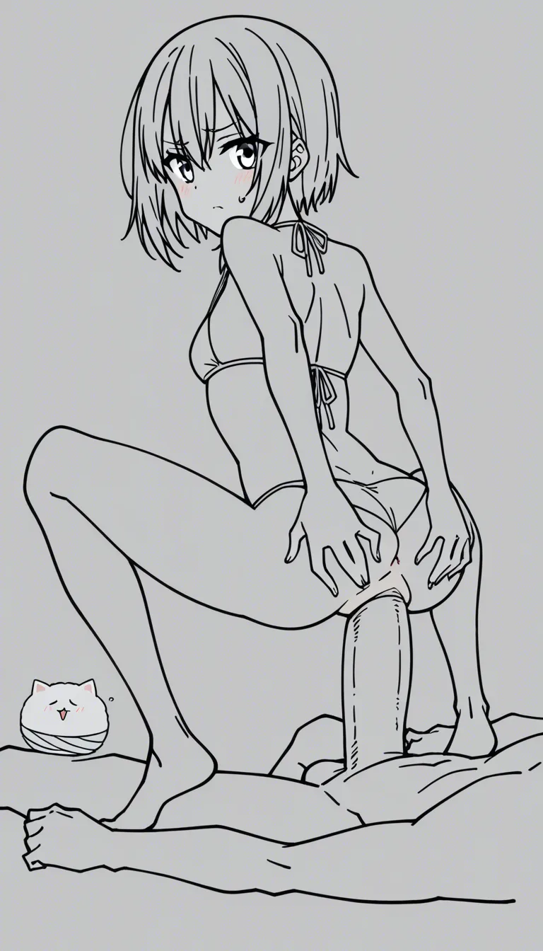 clean lineart, straight black hair, petite, jaw dropped face, looking back at viewer, bikini, midriff, sex, reverse cowgirl, squatting, wide squat, small ass, big cock, tight pussy, spreading ass, in motion, legs wide open, view from behind, barefoot, tippy toes, beach, full body view