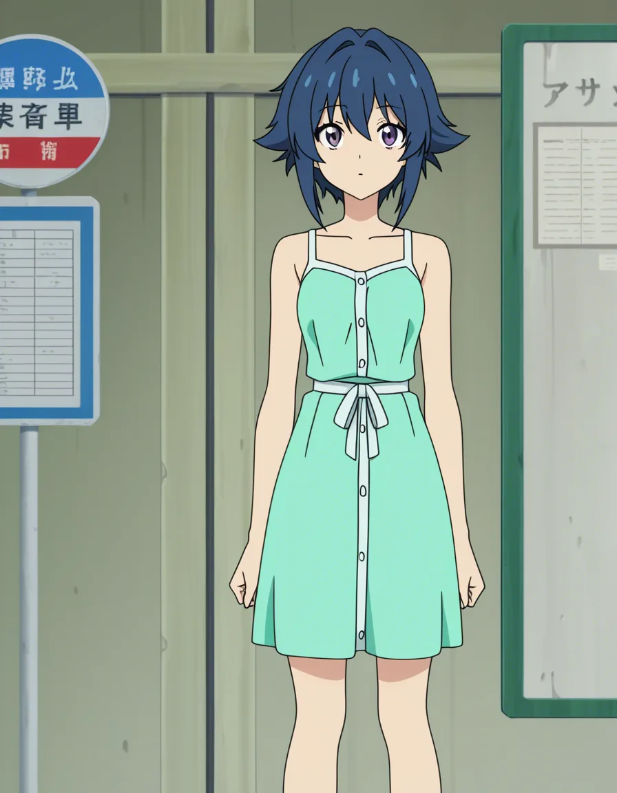 very small breasts, sundress, bashful girl flashes man at bus stop so he can take picture,, (anime style:1.3), 2d, anime screencap, cel shading, flat color, hentai_studio_quality
