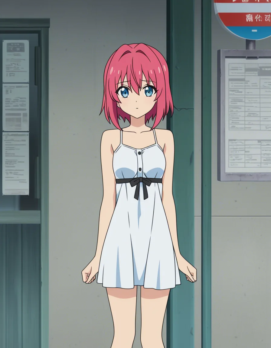 very small breasts, sundress, bashful girl flashes man at bus stop so he can film, (anime style:1.3), 2d, anime screencap, cel shading, flat color