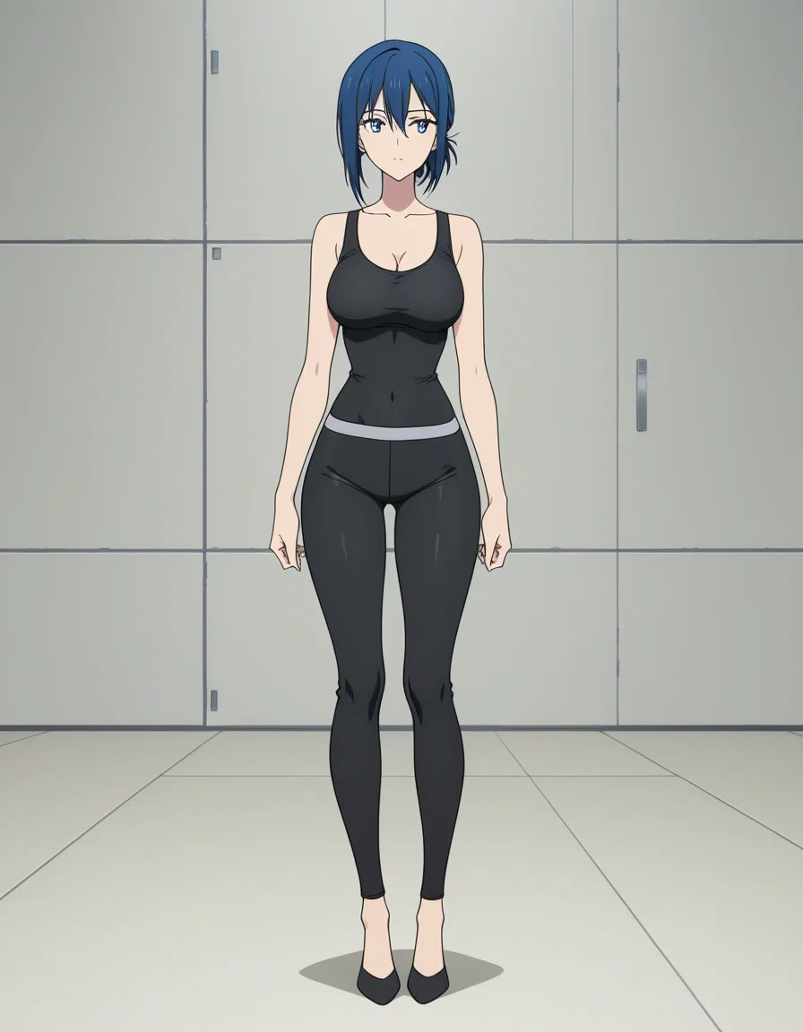 Anime mother wears tight pants and is naked from the top, (anime style:1.3), 2d, anime screencap, cel shading, flat color