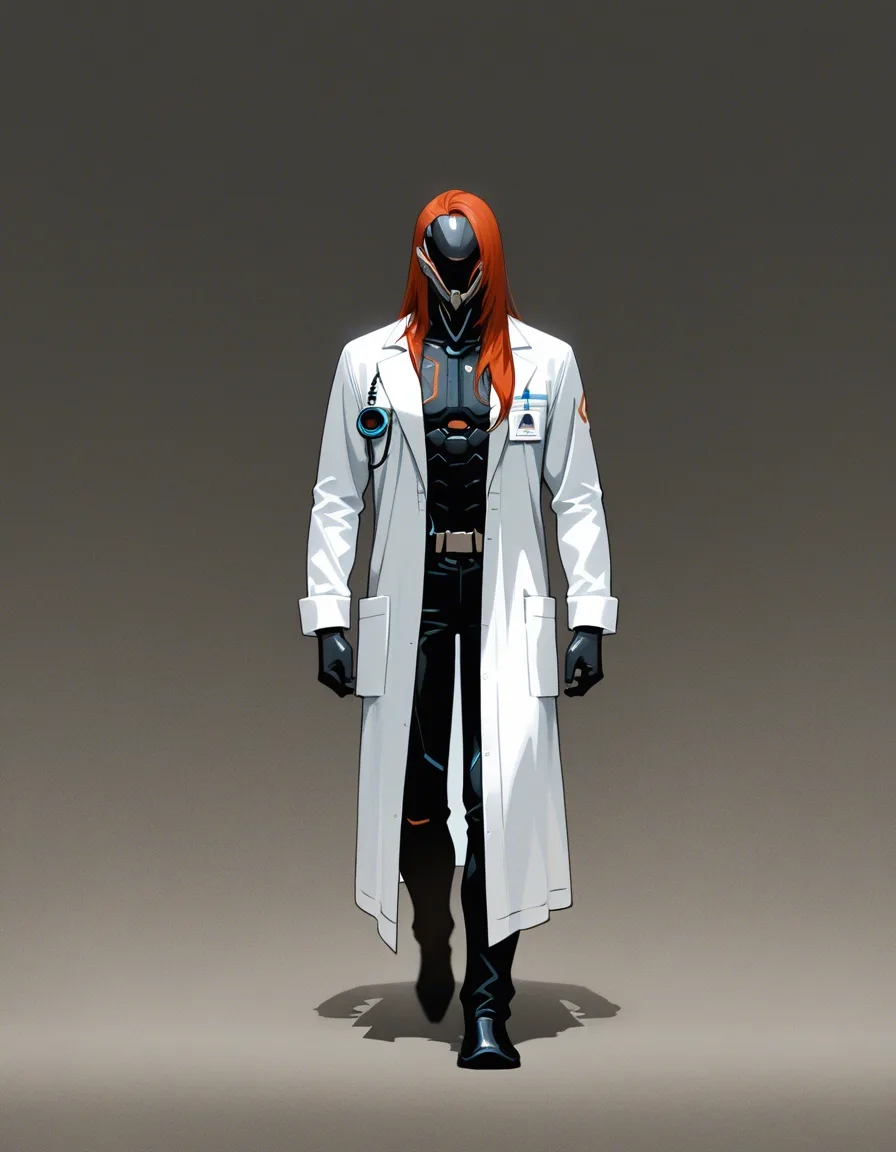 sharp focus, professional photo, high detail, @makise_kurisu, science_fiction, lab_coat, time_machine, long_hair, full_body, walking, simple_background, score_9, score_8, candid photo, realistic skin texture, visible skin pores, film grain, depth of field, black_gloves, femdom, hentai_studio_quality