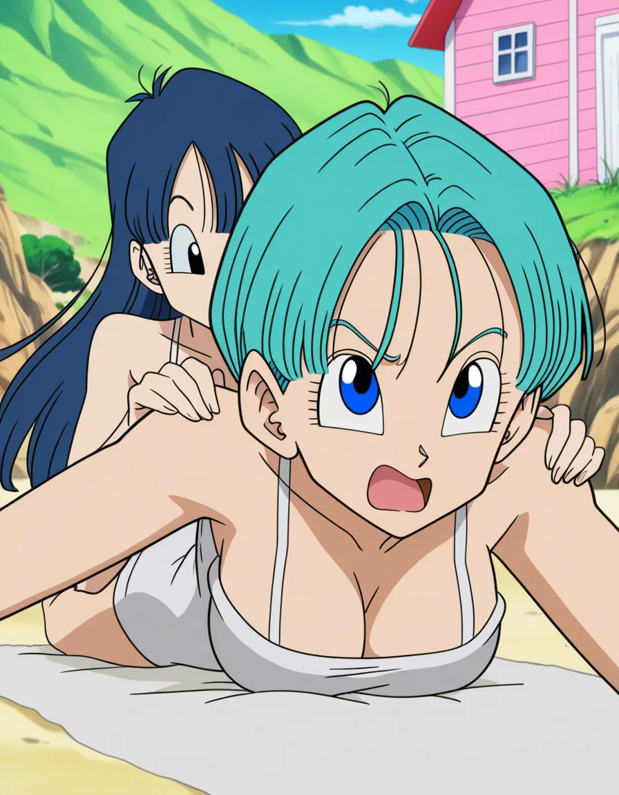 best quality, polished, The characters Bulma and Launch, from Akira Toriyama's anime *Dragon Ball*, are both wearing bikinis and lying sensually on their Capsule Corp. towels at the beach near Master Roshi's Kame House. Bulma has blue eyes and straight, light blue hair that reaches her shoulders. Launch has black eyes and long, wavy, dark blue hair that reaches her back. Master Roshi appears behind them with a funny expression upon seeing Bulma and Launch., (anime style:1.3), 2d, anime screencap, cel shading, flat color