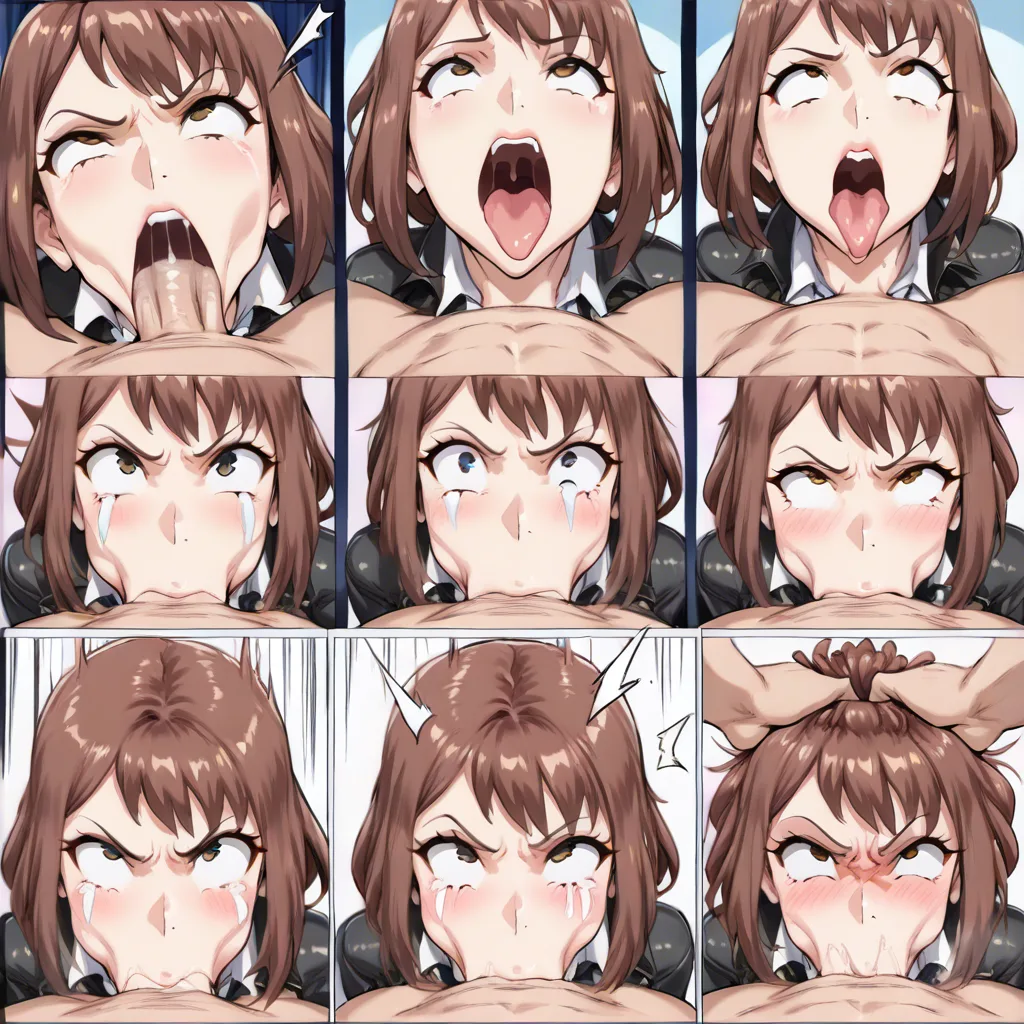masterpiece, best quality, soft cel shading, medieval teacher woman, eye contact,(deepthroat_blowjob:1.5), fellatio , head bobbing, expressive, (lactation:0.5), saliva splatter, (comic:1.7), gagging, slurping tongue movement, grabbing_another's_hair, (ahegao:1.3), (crossed_eyed_teary-eyed:1.5), (surprised:1.6), (angry:1.6), hentai studio quality