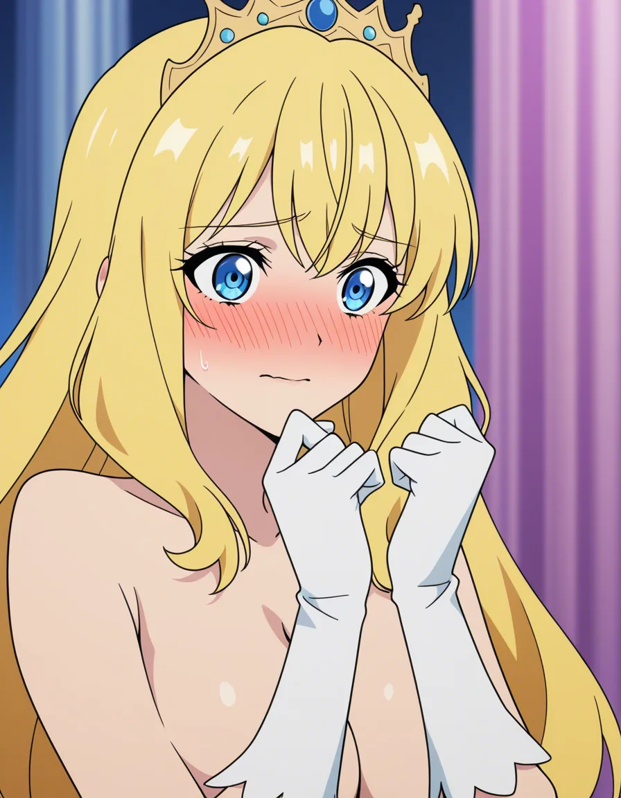 ultra detailed, princess, gloves, topless, nervous blush, manga panel look, (anime style:1.3), 2d, anime screencap, cel shading, flat color