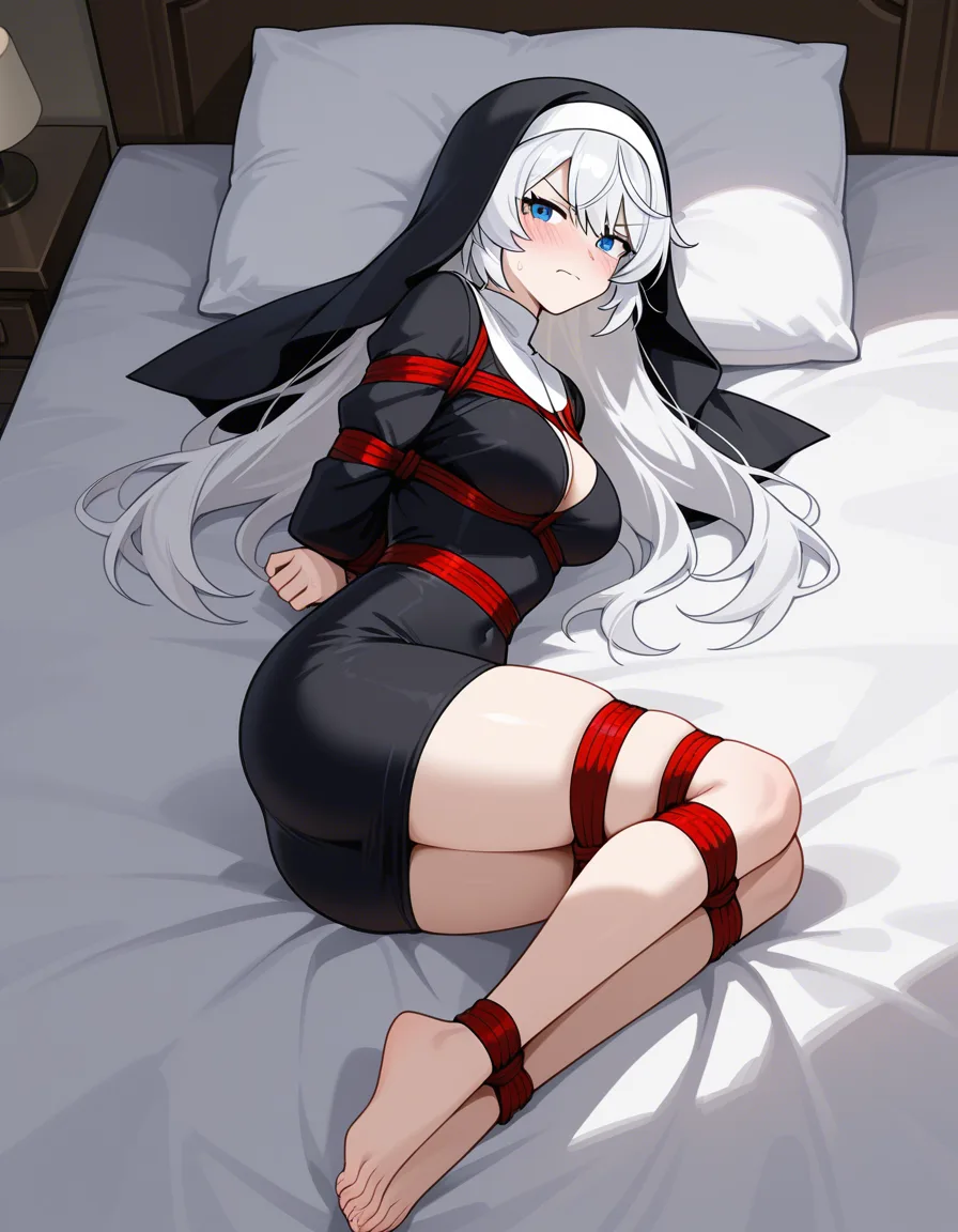 @kiana_kaslana nun_outfit bedroom lying_on_bed pillow annoyed looking_at_viewer, bondage shibari_over_clothes bound_arms bound_legs /masterpiece, hentai_studio_quality