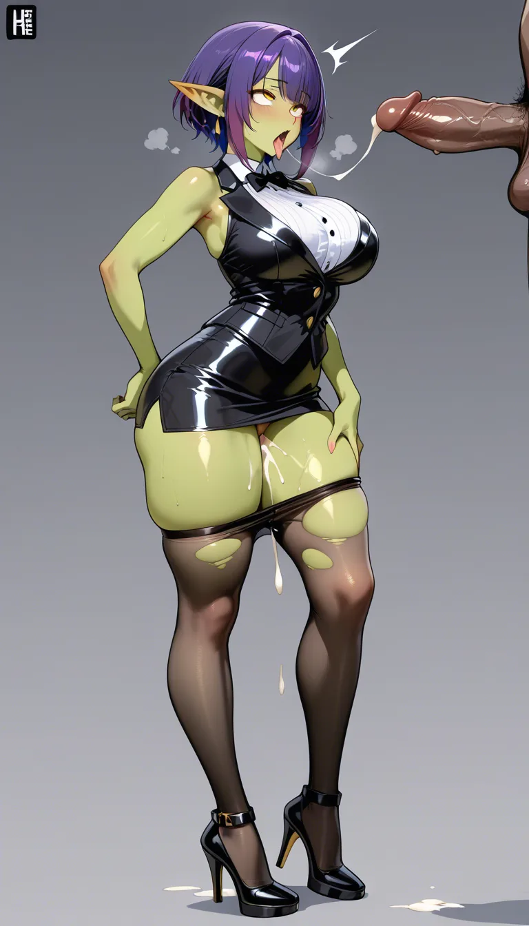thick_thighs, goblin girl, purple_hair, yellow_eyes, green skin, pulled up miniskirt, ripped pantyhose, dark brown penis, ahegao, high_heels, creampie