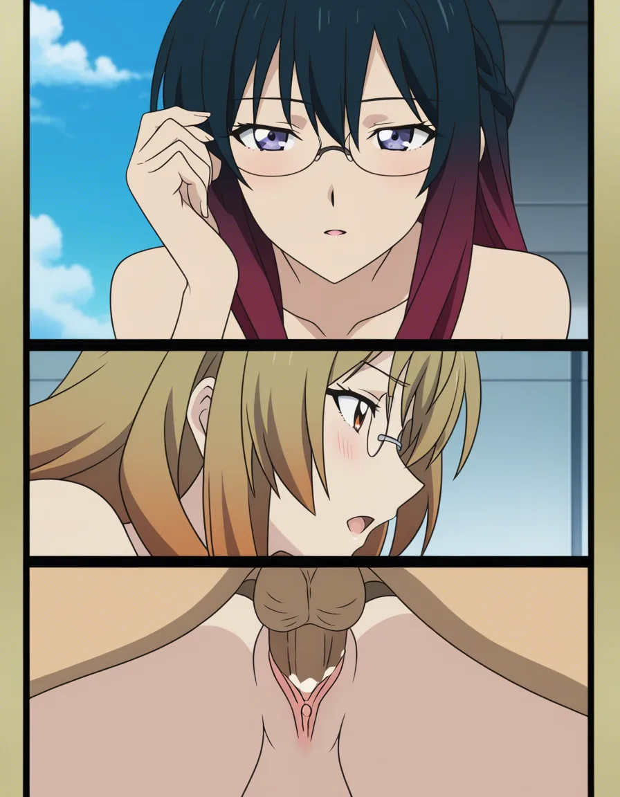 best quality, explicit detail, 3girls, creampie, glasses, gradient hair, day, soft cel shading, (anime style:1.3), 2d, anime screencap, cel shading, flat color