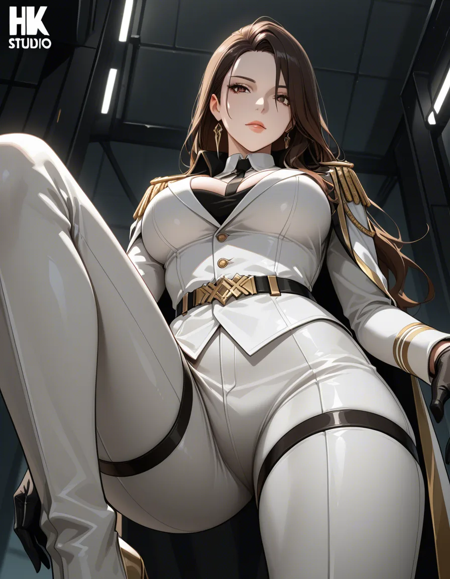 8k, sharp focus, detailed skin, brunette woman, lips, official alternate costume, leg up, military, from below, cinematic realism, hentai_studio_quality