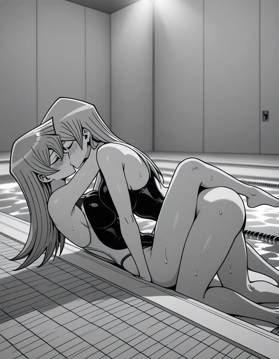 2girls, @tenjouin_asuka, @dark_magician_girl, yuri, lesbian, tribadism, missionary, on_back, girl_on_top, competition_swimsuit, pool, kissing, blush., hentai_studio_quality