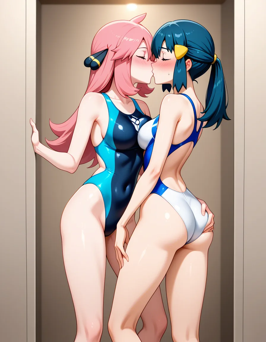 2girls, multiple_girls, @dawn_(pokemon), @leaf_(pokemon), lesbian, yuri, standing, blue competition_swimsuit, blush, grabbing_another's_breast, grabbing_another's_ass, kissing, in dressing room., hentai_studio_quality, hentai_studio_quality, hentai_studio_quality