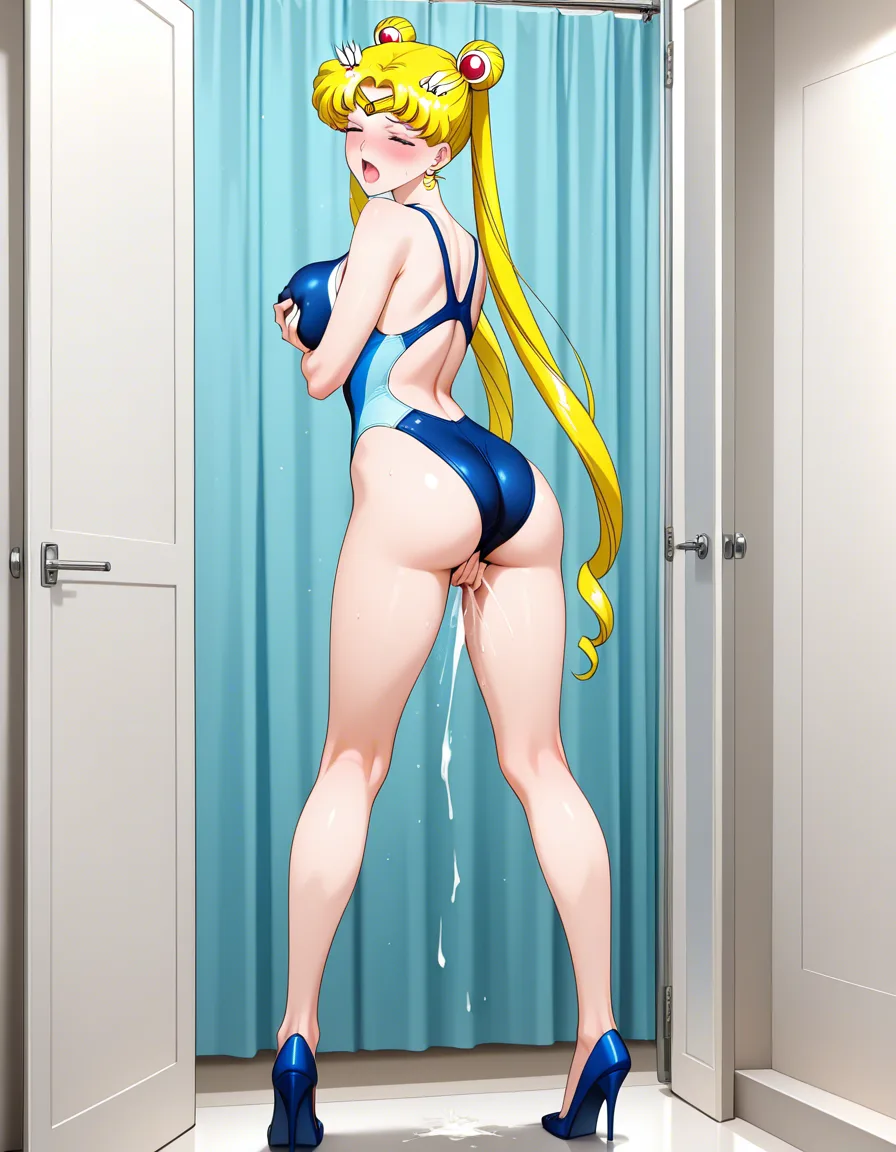 @sailor_moon, standing, legs_apart, knees bent, looking_back, blush, one_eye_closed, looking_at_viewer, blue competition_swimsuit, blue high_heels, grabbing_own_breast, female_masturbation, moaning, orgasm, in dressing room., hentai_studio_quality, hentai_studio_quality, hentai_studio_quality