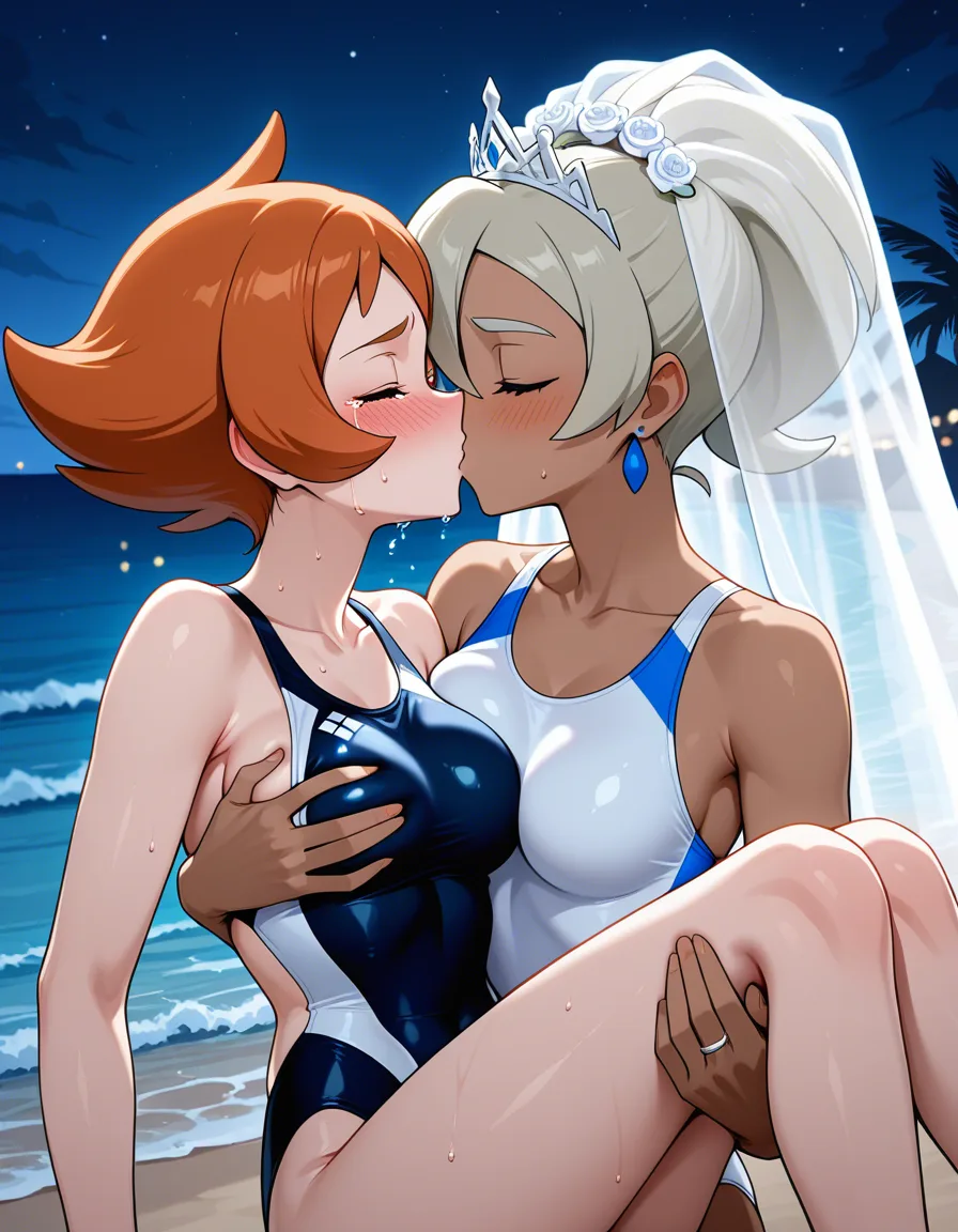 2girls, multiple_girls, @bea_(pokemon), @maylene_(pokemon), white competition_swimsuit, bridal_veil, wedding_ring, princess_carry, grabbing_another's_breast, blush, closed_eyes, kissing, crying, beach, night., hentai_studio_quality, hentai_studio_quality