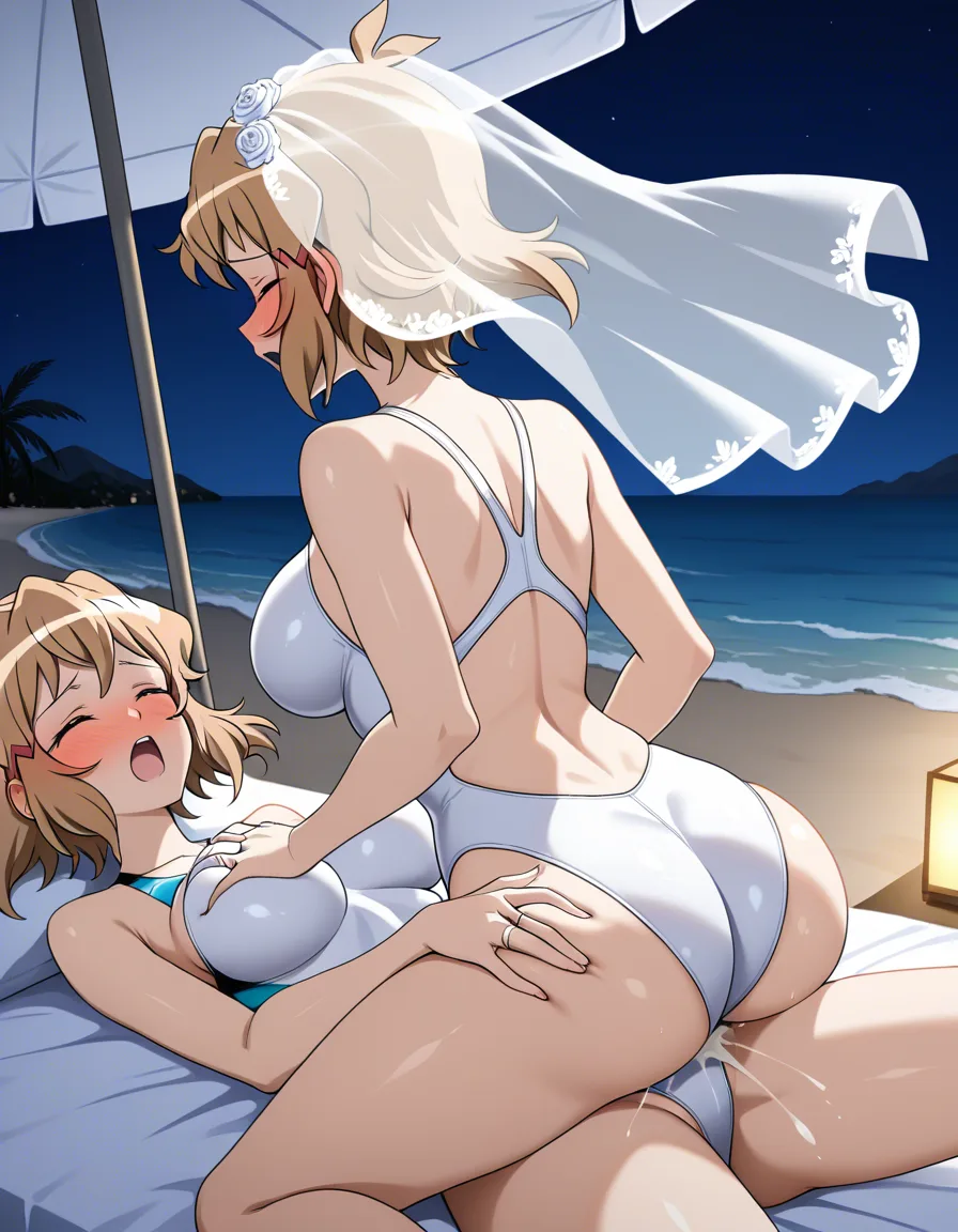 2girls, multiple_girls, @tachibana_hibiki_(symphogear), @kohinata_miku_(symphogear), yuri, lesbian, on_back, legs_apart, girl_on_top, wedding_ring, bridal_veil, white competition_swimsuit, straddling, humping, cowgirl_position, blush, closed_eyes, moaning, orgasm, on_bed, beach, night, grabbing_own_breast, grabbing_another's_ass, outdoors., hentai_studio_quality, hentai_studio_quality, hentai_studio_quality, hentai_studio_quality