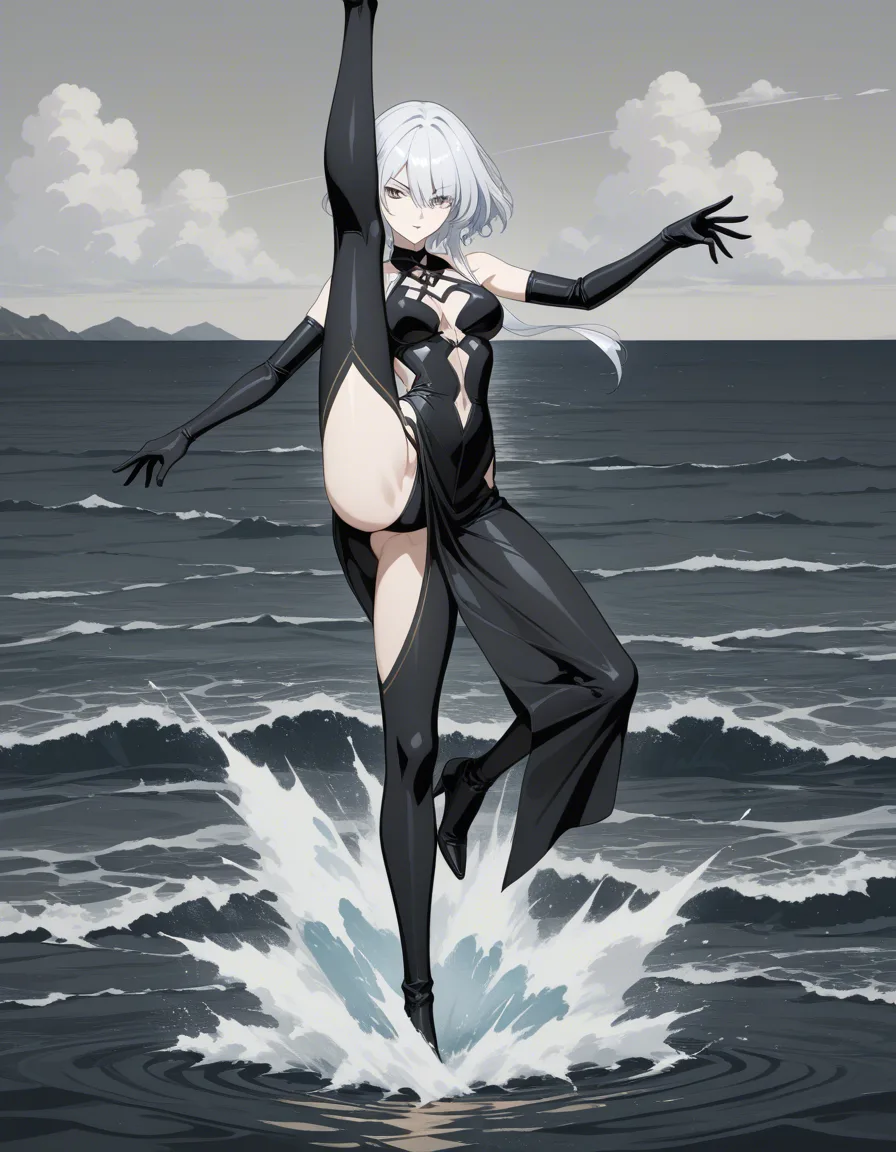 ultra detailed shading, female focus, petite adult woman, elbow gloves, leg up, ocean, intense passion, anime style, hentai_studio_quality