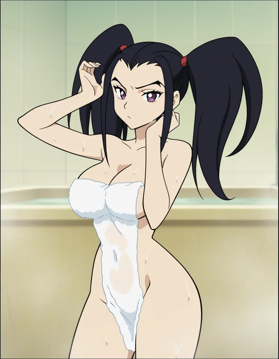Harleyquinn, bathing, wet, hands_up, curvy not too much,black_hair, water to the bellywaist, (anime style:1.3), 2d, anime screencap, cel shading, flat color