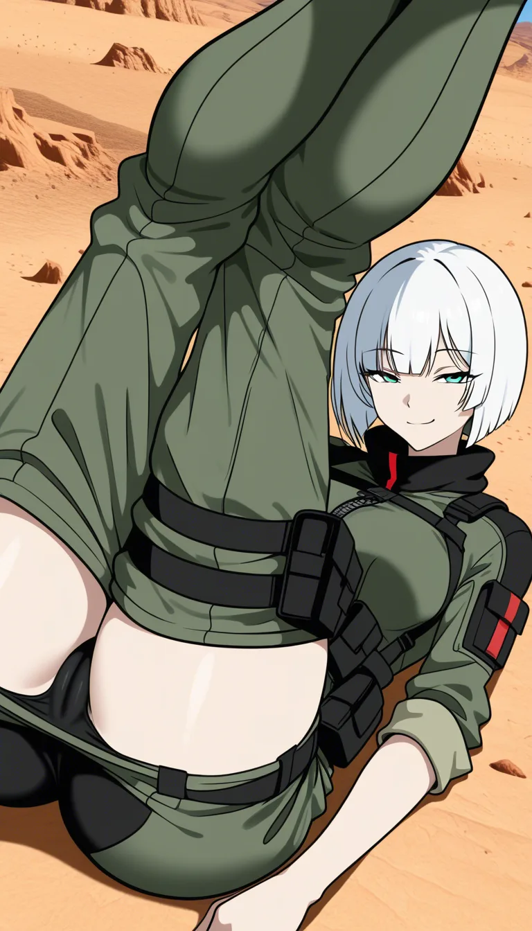 2   Masterpiece, natural perky medium breasts, look at viewer, fine detail,  pussy,  lying on ground, legs up on air, legs together, Anime Female With Short bob cut White hair, top cloth, medium Breasts, Green and blue Eyes, Cheeky Face,  legs  together, half closed eyes,   no helmet, Pants down, panties down, , no gloves, village surroundings background, desert biome, eroge aesthetics, legs up on air, cameltoe, legs together,  · Base: Form-fitting khaki tactical jumpsuit with a front zipper. · Sleeves: Two-toned with dark green/black fitted forearms. The sleeves are rolled up. · Chest: Olive-drab chest rig with shoulder straps and a row of six utility pouches. · Waist & Thighs: Dark green tactical belt with black buckles, connected by horizontal straps wrapping around the upper thighs. · Extras: High dark collar with red accents, and a rigid dark thigh plates on the Thighs. ... single continuous shot, full widescreen view, one single image, uninterrupted scene, no borders, no panels, wide angle cinematic photograph, single perspective, edge-to-edge frame ... modern digital drawing style, clean monoline ink linework, flat cel shading with minimal soft gradients, vibrant color palette with high-contrast accent tones, minimalist geometric background elements, crisp vector-like finish, contemporary graphic illustration, hentai_studio_quality