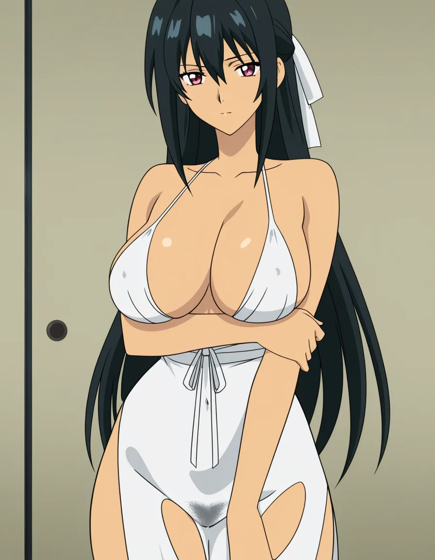 A fair-skinned Japanese woman with a large bust wears a sheer white dress that clearly reveals her breasts; the dress is torn, exposing her curves and revealing her pubic hair, and she has long black hair tied with a white ribbon., (anime style:1.3), 2d, anime screencap, cel shading, flat color