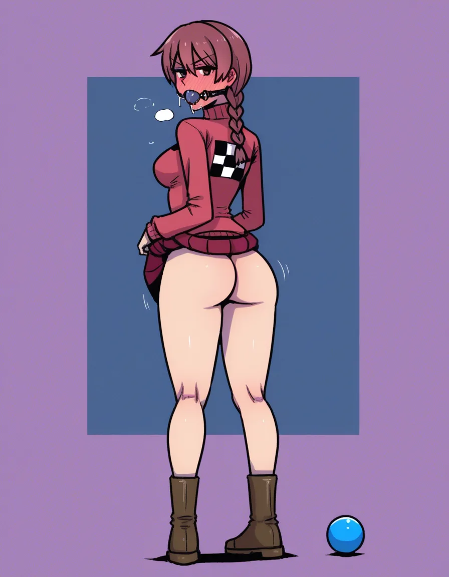 #akairiot_artstyle, @madotsuki, yume_nikki, 1girl, solo, aged_up, full-face_blush, serious, medium_breasts, ball_gag, saliva, drooling, sweater, skirt, lifting_own_clothes, skirt_lift, ass, no_panties, full_body, standing, looking_back, from_behind, hentai_studio_quality