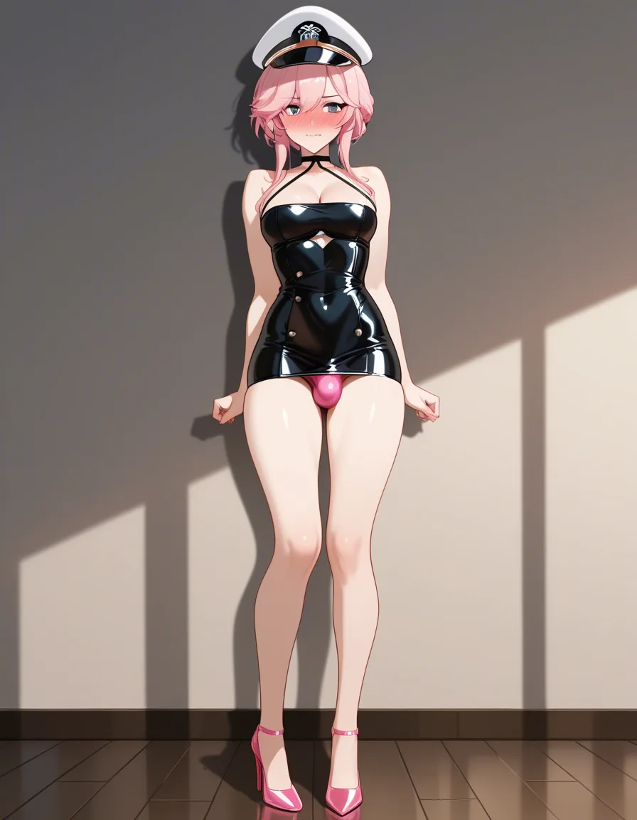 anime_style best_quality detailed_lighting detailed_shading uncensored absurdres masterpiece 1boy commander_(azur_lane) solo standing crossdressing short_dress black_dress tight_clothes pink_panties bulge high_heels peaked_cap white_cap looking_to_the_side full-face_blush wavy_mouth pectoral_cleavage, hentai_studio_quality
