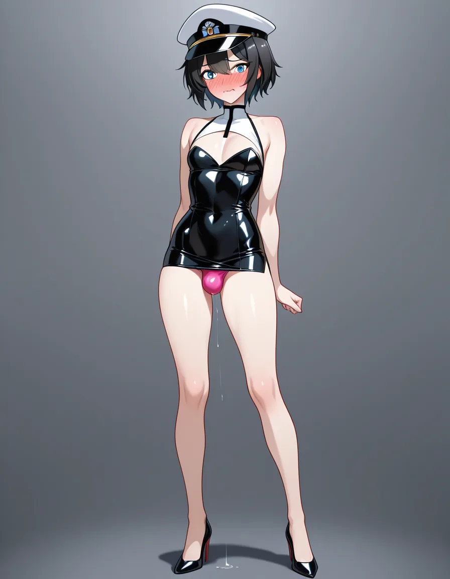 anime_style best_quality detailed_lighting detailed_shading uncensored absurdres masterpiece 1boy commander_(azur_lane) solo standing crossdressing short_dress black_dress tight_clothes pink_panties bulge black_high_heels peaked_cap white_cap looking_to_the_side full-face_blush wavy_mouth pectorals black_hair short_hair blue_eyes precum, hentai_studio_quality