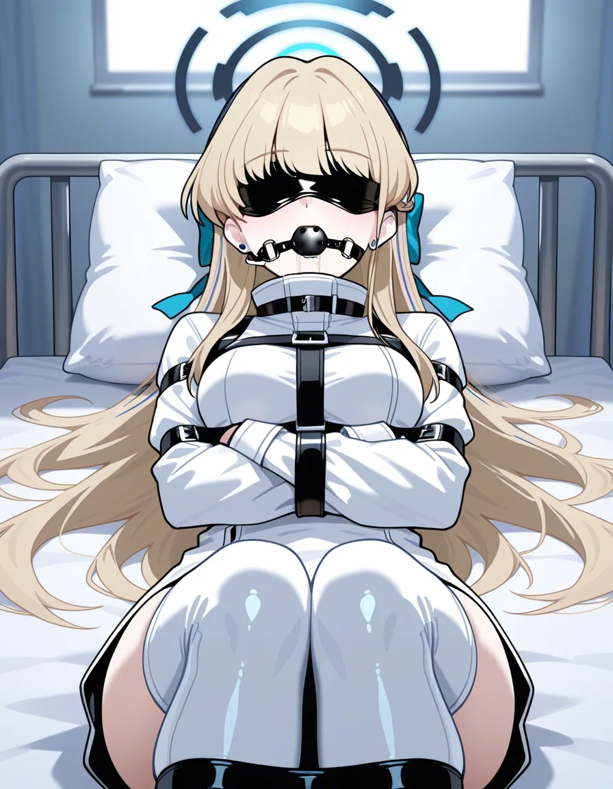 @toki_(blue_archive) , straitjacket, bound arms, lying on hospital bed, 1girl, indoors, harness ball gag, blindfold, pillow, latex thigh highs, bound legs, full-length portrait, viewing from top of the bed, drooling, /masterpiece, hentai_studio_quality