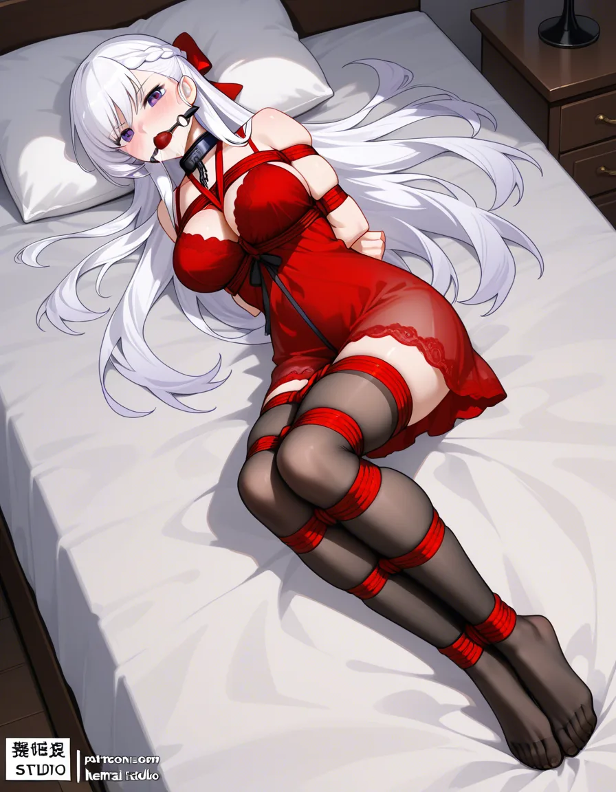 belfast_(azur_lane) bedroom pillow lying on bed nightgown bondage shibari_over_clothes bound_arms bound_legs ball_gag drooling looking_at_viewer, full_body,, hentai_studio_quality