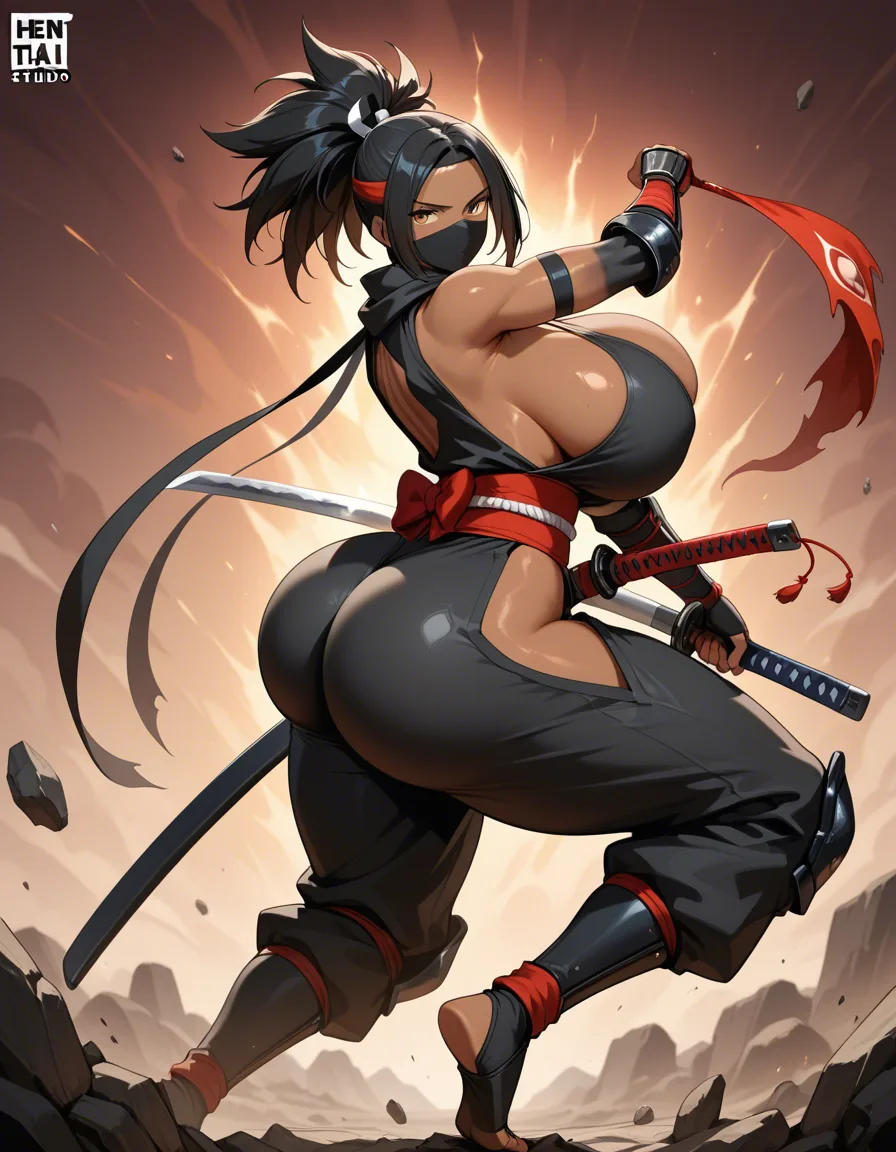 Girl, dark-skinned_female, gigantic_breast, gigantic_ass, ninja, no_shirt, Destroyed_cloth, katana, hentai_studio_quality