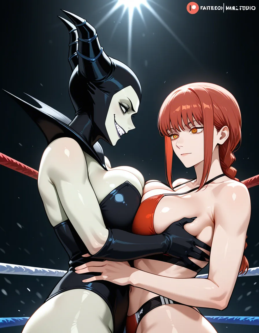 2girls_focus , maleficent evil_grin, @makima_(chainsaw_man) , wrestling_ring breast_press , from_side, hentai_studio_quality