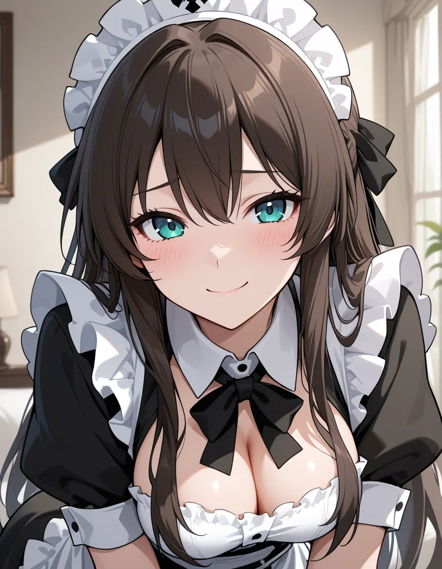 absurdres, highres, maid, ribbon, bent over, shy smile, portrait, detailed shading, hentai_studio_quality
