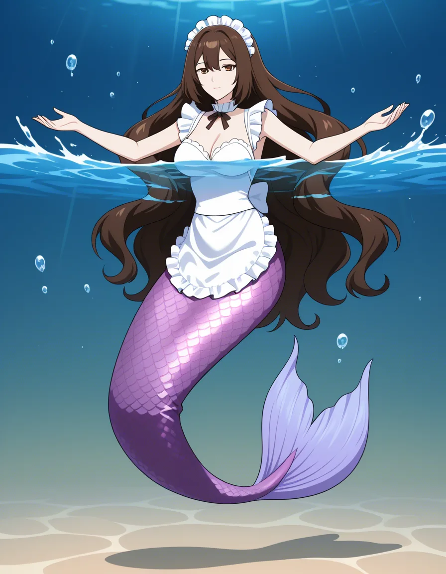 single character, adult 18+ anime woman Celine, clearly brunette: very long dark brown hair flowing around her, warm brown eyes, fair skin, elegant mature face, white frilly maid headband, maid collar and small maid apron accents on upper body, bare breasts, dark iridescent navy-purple mermaid tail with translucent pink-violet fluke, underwater scene, volumetric sunbeams through water, bubbles, graceful swimming pose, full body, highly detailed anime illustration, no blue hair, no blue-haired character, no extra characters, no legs, no text, no watermark, hentai_studio_quality