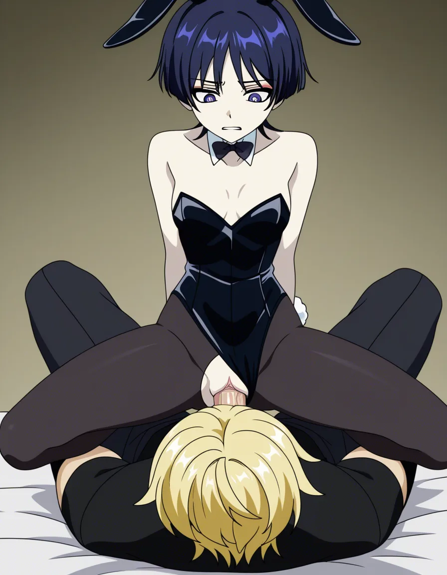 hentai_studio_quality, Scaramouche fucking Lumine, the purple-haired male Scaramouche is fucking the blonde Lumine, Scaramouche is the dominant top, Scaramouche must not be penetrated, Scaramouche has a cock and no pussy, Scaramouche is never the bottom,
masterpiece, best quality, highly detailed, anime style, Genshin Impact,
1boy, 1girl,
Scaramouche (Wanderer), male, masculine body, white skin, short dark purple indigo hair with messy bangs, indigo-purple eyes, face clearly visible looking down,
Lumine as bunny girl, female only, white skin, short blonde yellow hair, golden eyes, face clearly visible looking up, wearing black bunny suit with rabbit ears and tail, full black stockings (thigh-high black pantyhose),
Scaramouche with purple hair on top of Lumine in missionary position, penetrating her, cock inside her pussy,
detailed male genitals only on Scaramouche, thick cock, normal masculine anatomy,
soft lighting, sharp focus,
do not generate Scaramouche being fucked, do not generate pussy on Scaramouche, do not generate feminine Scaramouche, do not generate Scaramouche as bottom, do not hide Lumine's face, do not change Scaramouche hair color, hentai_studio_quality, (anime style:1.3), 2d, anime screencap, cel shading, flat color, (anime style:1.3), 2d, anime screencap, cel shading, flat color, @00osamio00