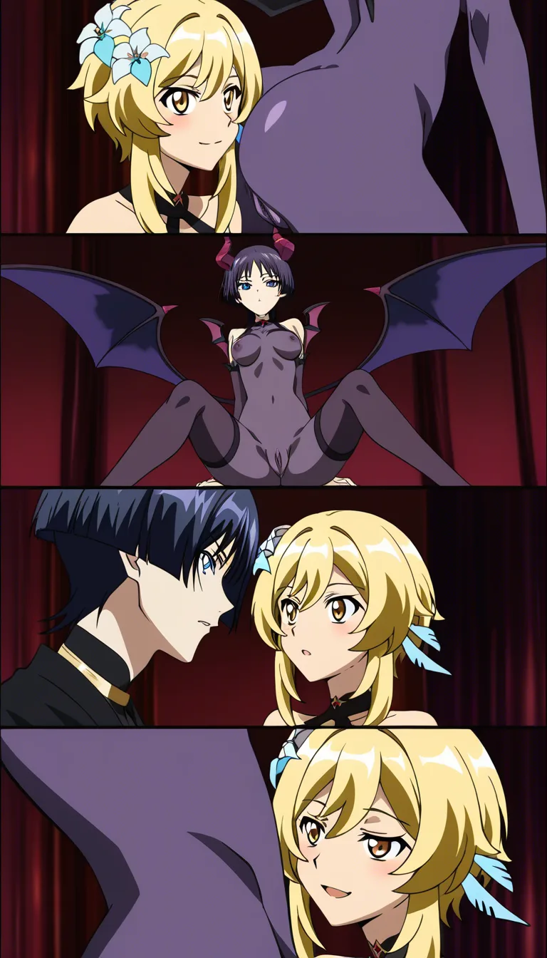 purple-haired male Scaramouche as priest, has cock no pussy, dominant top only,
blonde female Lumine as succubus, has pussy, horns and demon wings, 
Scaramouche fucking Lumine, 
masterpiece, best quality, highly detailed anime style, perfect anatomy, no wrong organs, no extra people, (anime style:1.3), 2d, anime screencap, cel shading, flat color