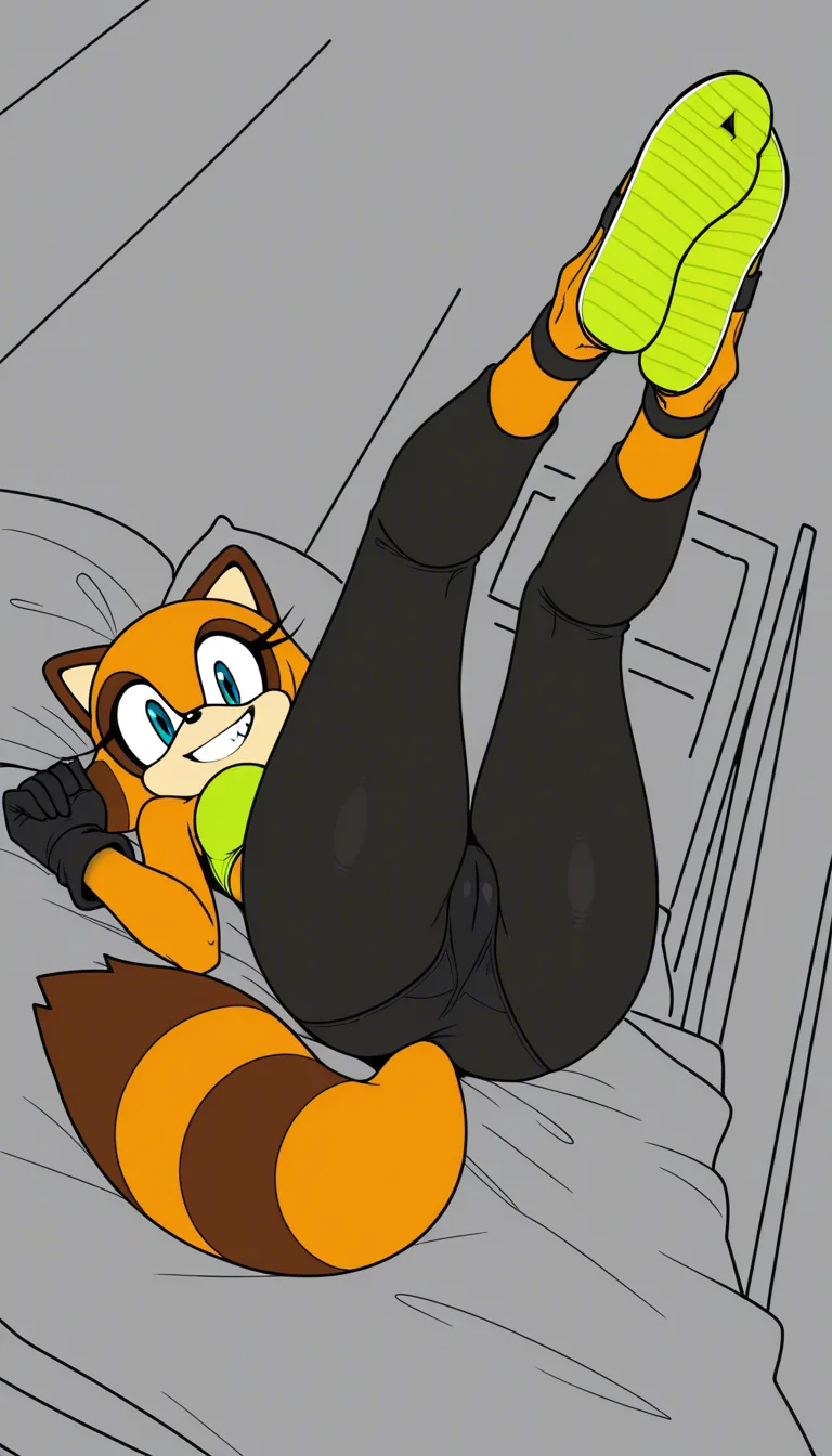 1 Masterpiece, Original style Marine The Raccoon from Sonic Adventure, looking_at viewer , raccoon tail, full body, legs together, natural perky medium breasts, lying on blanket, cameltoe, panties, lime green tube top with white trim, black capri leggings down, tan gloves, and lime green closed-toe sandals with, beach background, legs up on air, teeth soft smile, look at viewer ... single continuous shot, full widescreen view, one single image, uninterrupted scene, no borders, no panels, wide angle cinematic photograph, single perspective, edge-to-edge frame  ... modern digital drawing style, clean monoline ink linework, flat cel shading with minimal soft gradients, vibrant color palette with high-contrast accent tones, minimalist geometric background elements, crisp vector-like finish, contemporary graphic illustration, no text, no watermarks., hentai_studio_quality, hentai_studio_quality, hentai_studio_quality