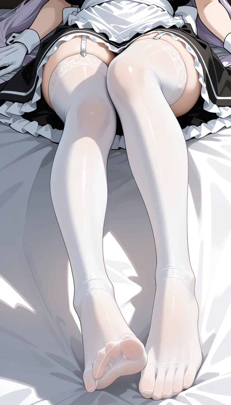 @frieren #bra #white_gloves #white_thighhighs #on_back #feet #foot_focus #maid, hentai_studio_quality