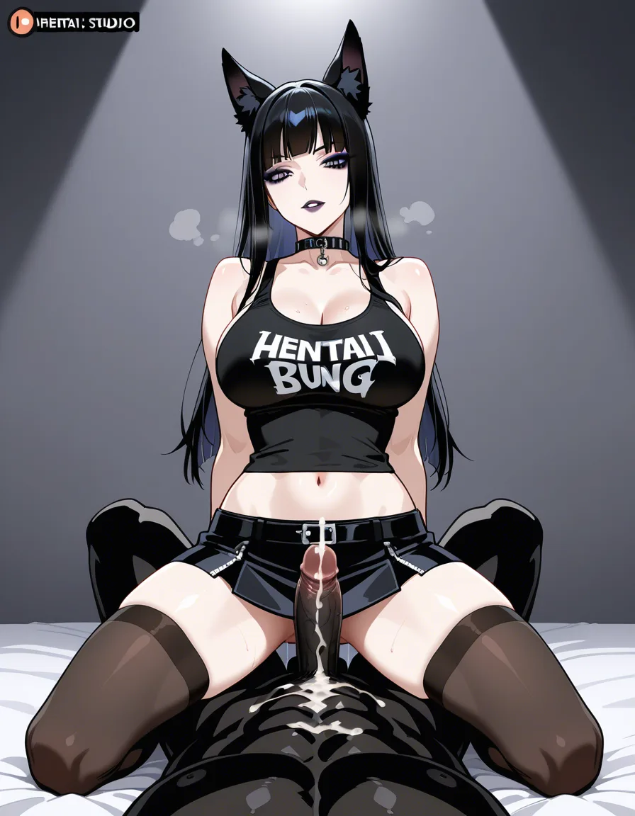 best quality, polished, dog_girl, miniskirt , tank_top , goth, makeup , straddling , black man, black penis, cum_on_body, hentai_studio_quality