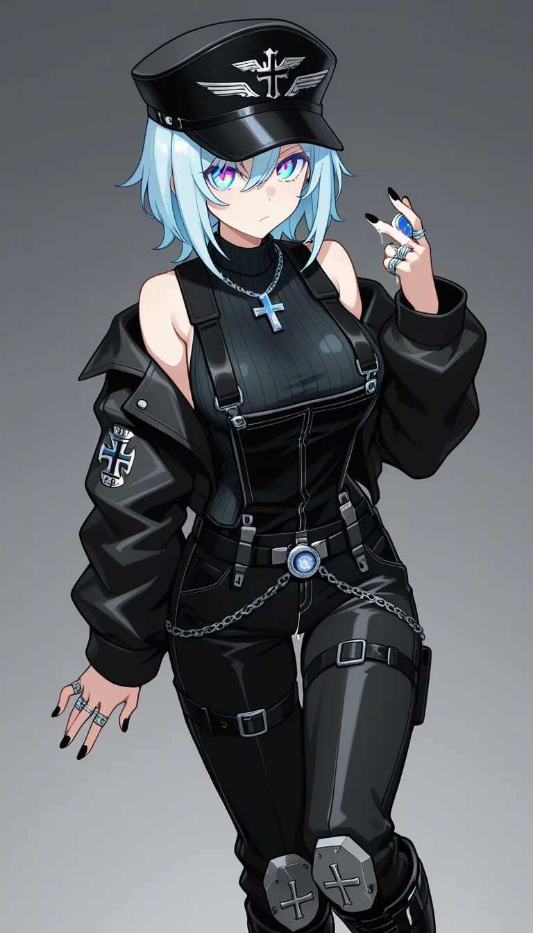The character is a young woman with long, flowing light blue hair and amber-colored eyes.

Outfit Details

• Headwear: A structured, dark military-style cap decorated with small silver cross embellishments and a central crest.
• Top: A sleeveless, high-necked black ribbed shirt worn under a loose, oversized black jacket that falls off her shoulders.
• Bottoms: Dark trousers or a skirt accented with an elaborate, golden filigree or floral pattern trailing down the leg.
• Footwear: Sturdy, knee-high black tactical boots detailed with multiple metallic buckles and straps.

Accessories & Styling

• Belts: Multiple black leather straps and utility belts wrapped around her waist, fastened with silver buckles.
• Jewelry: A prominent silver chain hanging from her waist holding a compass-rose or star-shaped pendant, along with several simple rings on her fingers.
• Nails: Painted with dark polish matching her overall aesthetic.
anime-style
-Soaking wet_clothes 
-wet pussy_juice, hentai_studio_quality