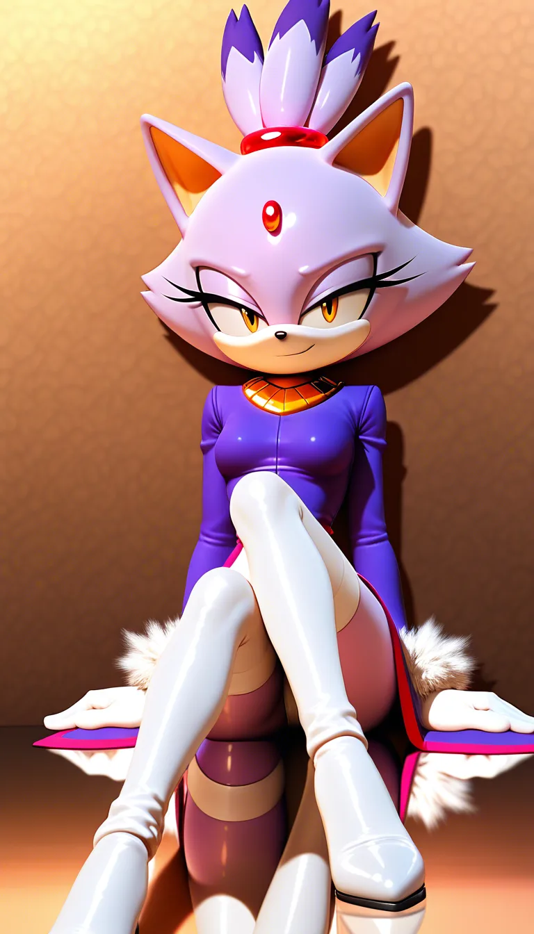 Blaze the Cat, classic Sonic franchise art style, wide white muzzle, feline nose, mature adult female anthropomorphic cat, purple fur, red forehead jewel, gold collar. (Art Style: High-end modern 3D cel-shaded digital illustration, glossy white legwear, thin precise lineart, polished lighting, volumetric warm golden rim light, soft gradient shadows, semi-realistic anime style, reflective glossy floor, thin black outlines). Confident smirk, half-lidded seductive eyes, pulling leggings down, sitting on a luxurious floor. Masterpiece, sharp focus, digital painting, warm ambient background., hentai_studio_quality, hentai_studio_quality