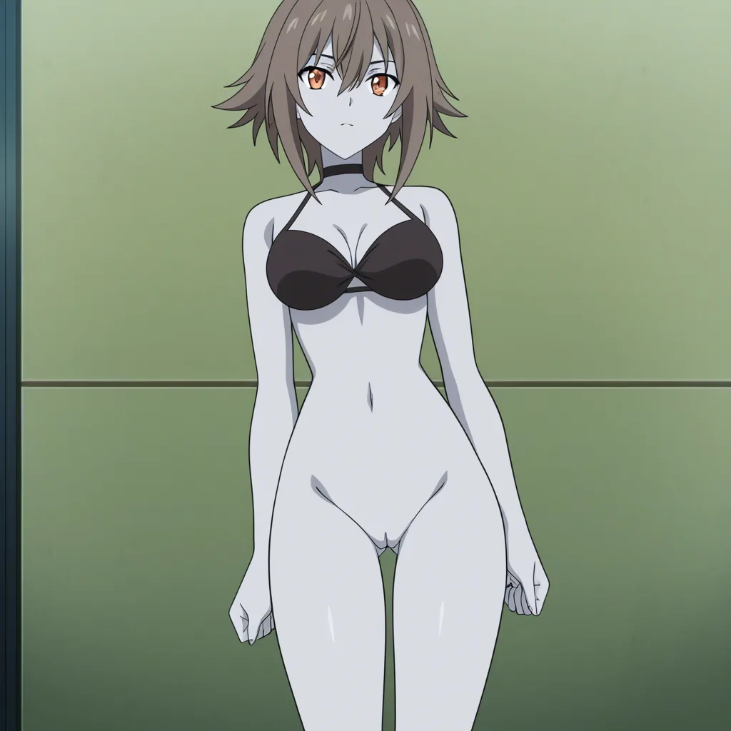 grey_skin 1girl brown_hair short_hair bare_shoulders grey_skirt black_bikini large_breasts no_pants hair_over_one_eye red_eyes pussy on_back on_bed orgasm cum_in_pussy, (anime style:1.3), 2d, anime screencap, cel shading, flat color