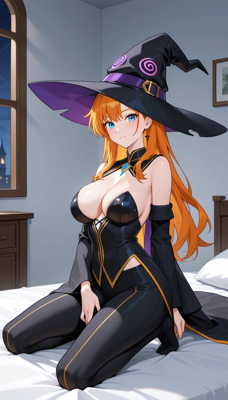 best quality, explicit detail, witch, pants, kneeling on bed, vivid anime colors, hentai_studio_quality