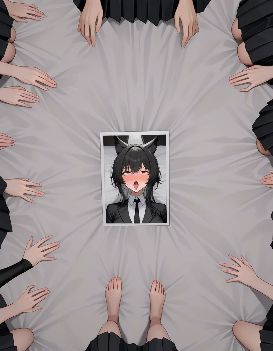 sharp focus, 8k uhd, 5girls, fingernails, black skirt, ahegao, bed sheet, from above, RAW photo, hentai_studio_quality