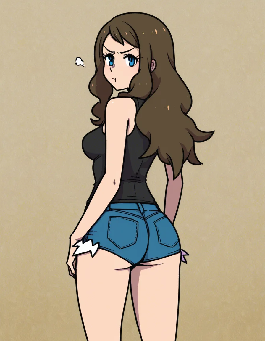 akairiot_artstyle, @hilda_(pokemon), 1girl, solo, ass, denim_shorts, tank_top, medium_breasts, long_hair, hair_down, pout, standing, full_body, looking_back, from_behind, (anime style:1.3), 2d, anime screencap, cel shading, flat color, @00osamio00