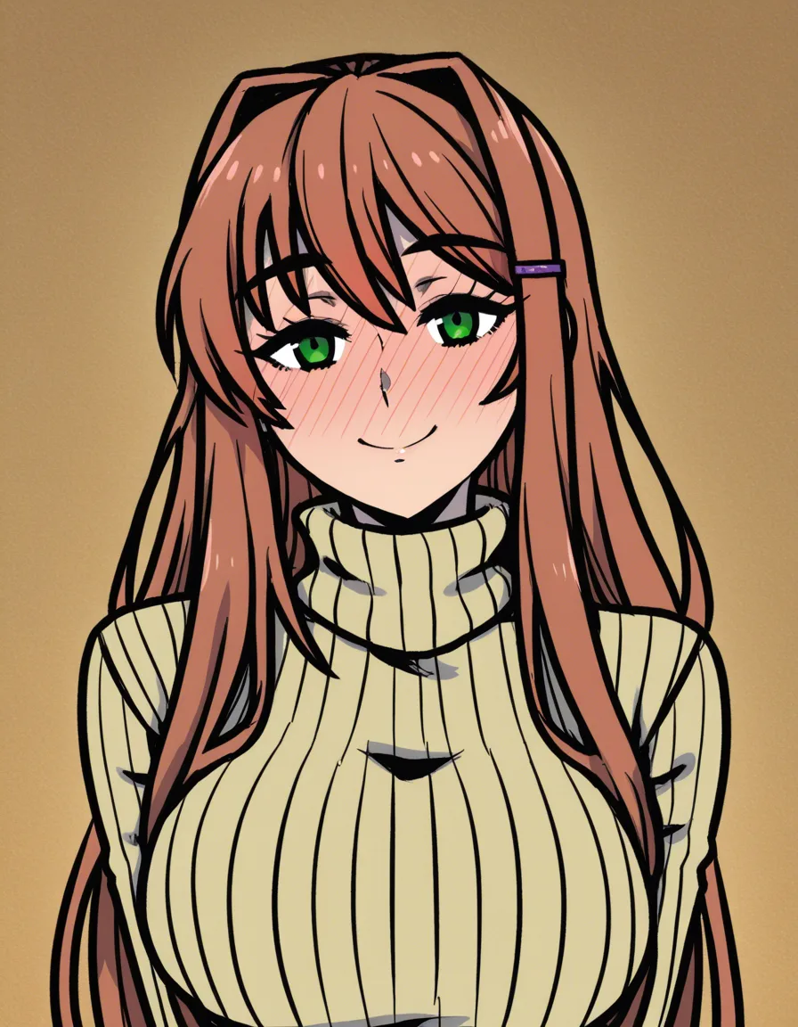 akairiot_artstyle, @monika_(doki_doki_literature_club), 1girl, hair_down, smile, full-face_blush, facial, turtleneck_sweater, standing, looking_at_viewer, (anime style:1.3), 2d, anime screencap, cel shading, flat color, @00osamio00