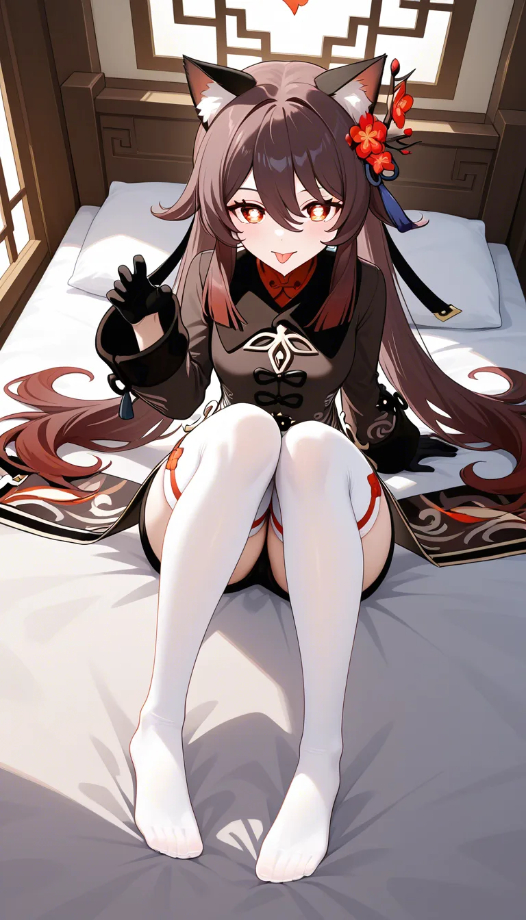@hu_tao_(genshin_impact) #black_gloves #white_thighhighs #dress #cat_ears #solo feet #knees_together_feet_apart 
Feet directed to viewer, #tongue_out, hentai_studio_quality, hentai_studio_quality