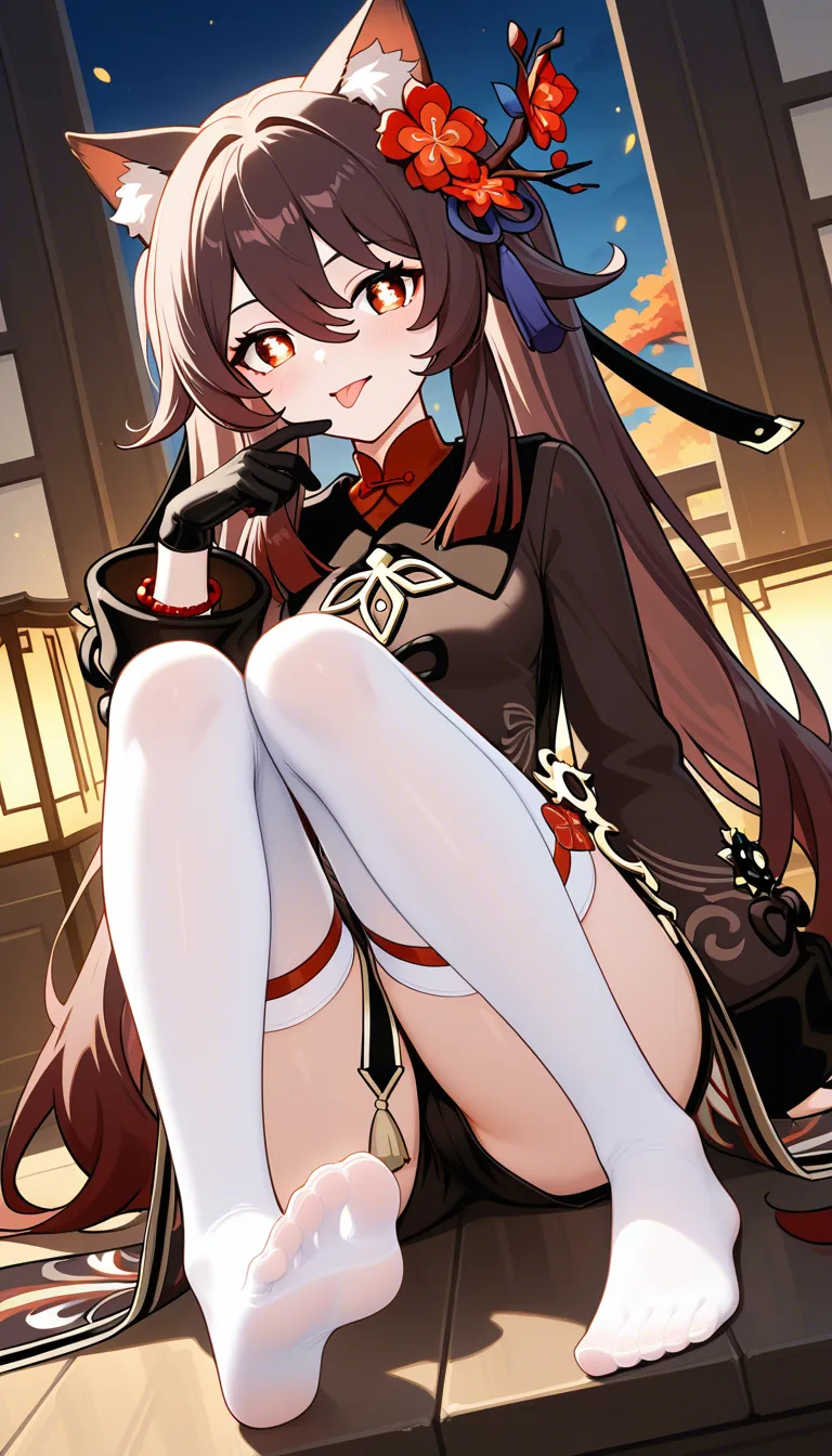@hu_tao_(genshin_impact) #black_gloves #white_thighhighs #dress #cat_ears #solo #feet #knees_together_feet_apart 
Feet directed to viewer #tongue, hentai_studio_quality